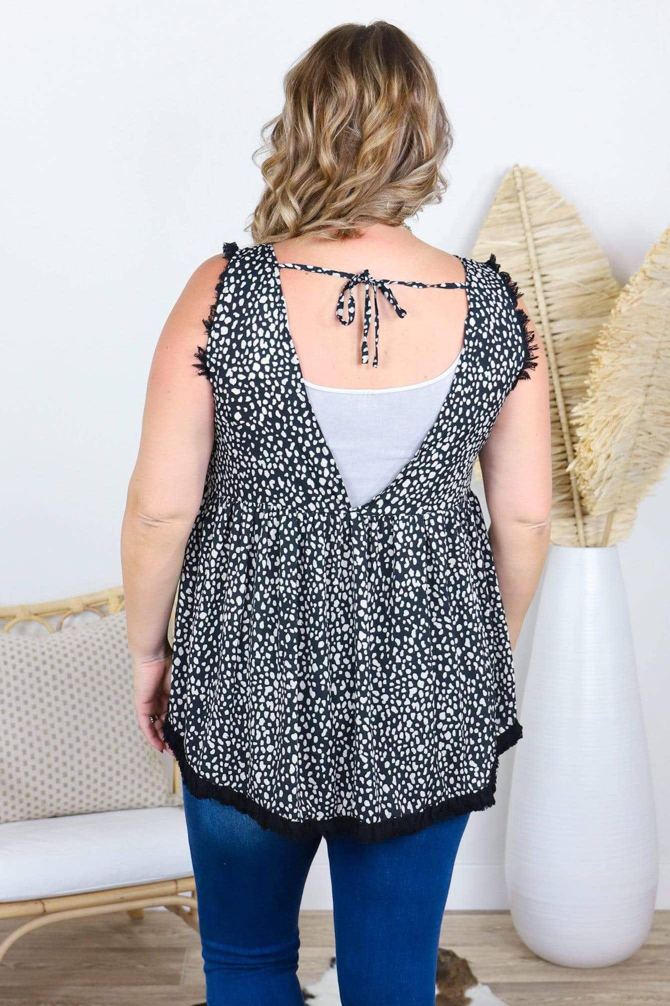 black animal fringe tank top with open back 