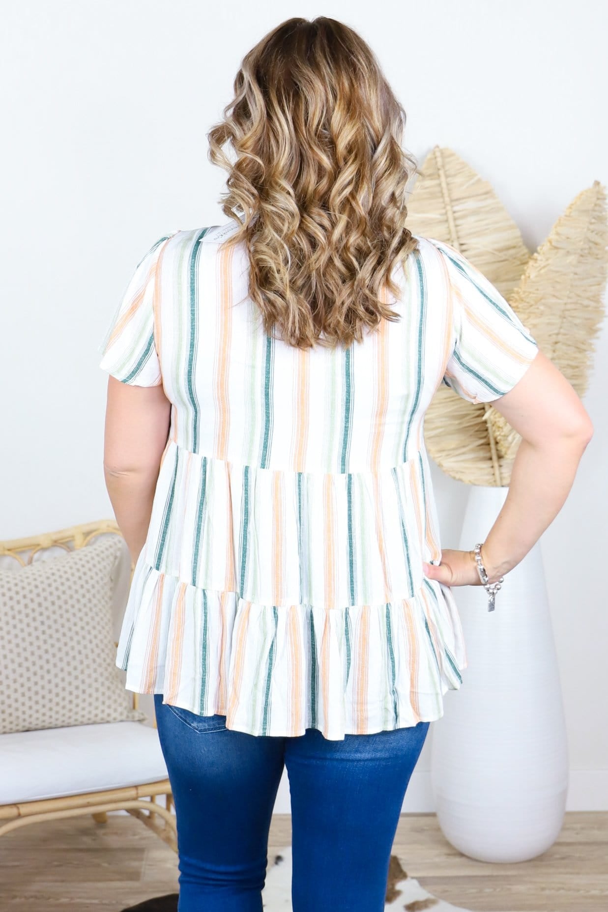 green and tan stripes with ruffles top 