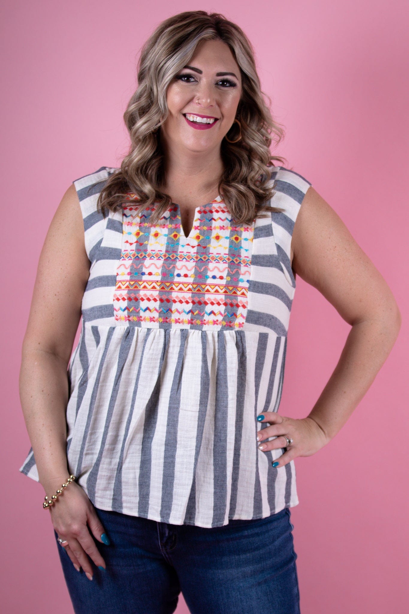 Cabana Stripe Embroidered Top