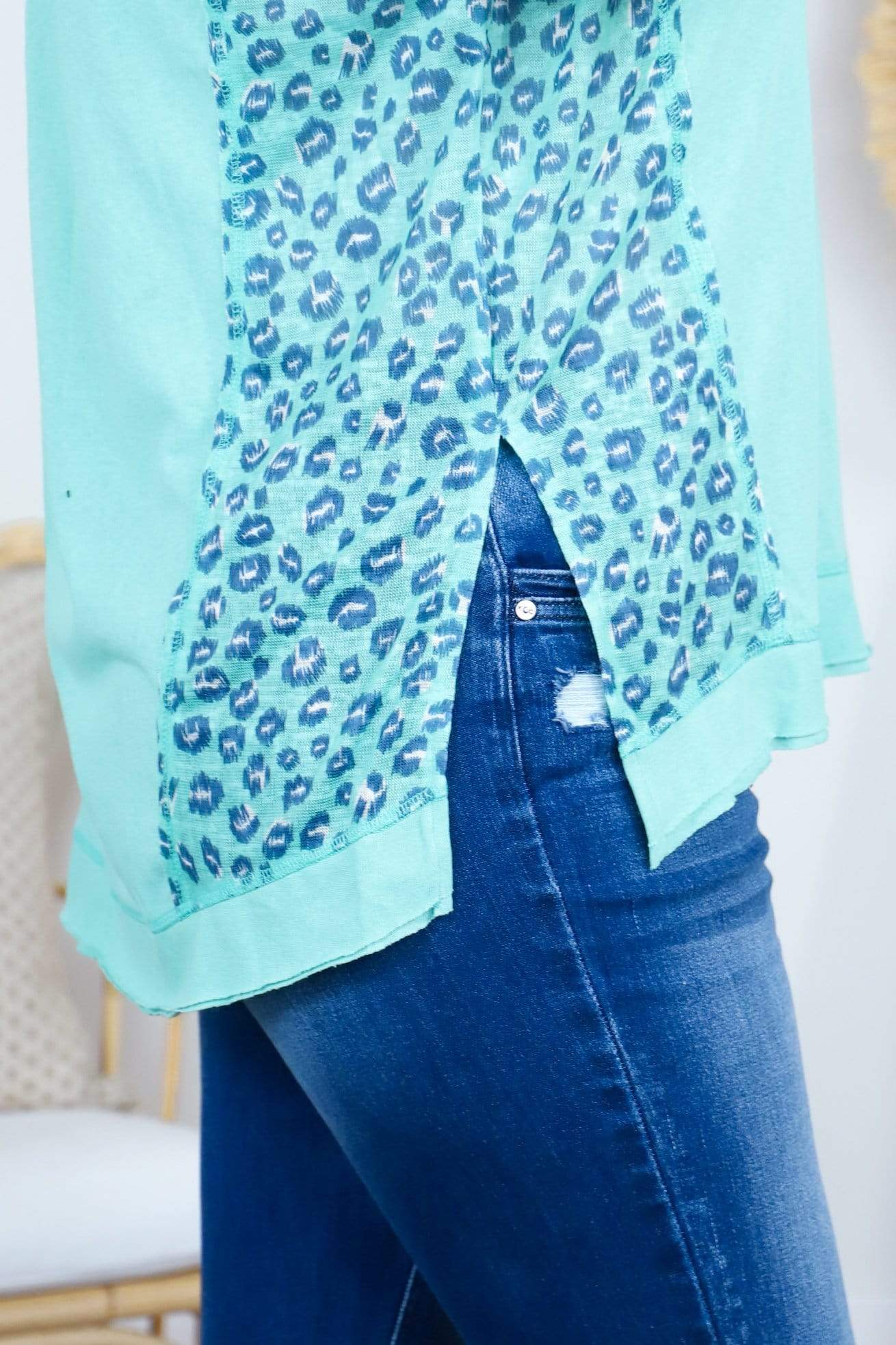 Mint leopard print on sides, solid mint on front and back