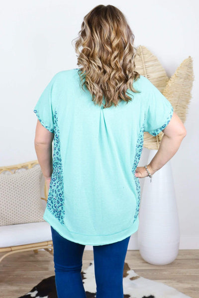 Mint leopard print on sides, solid mint on front and back