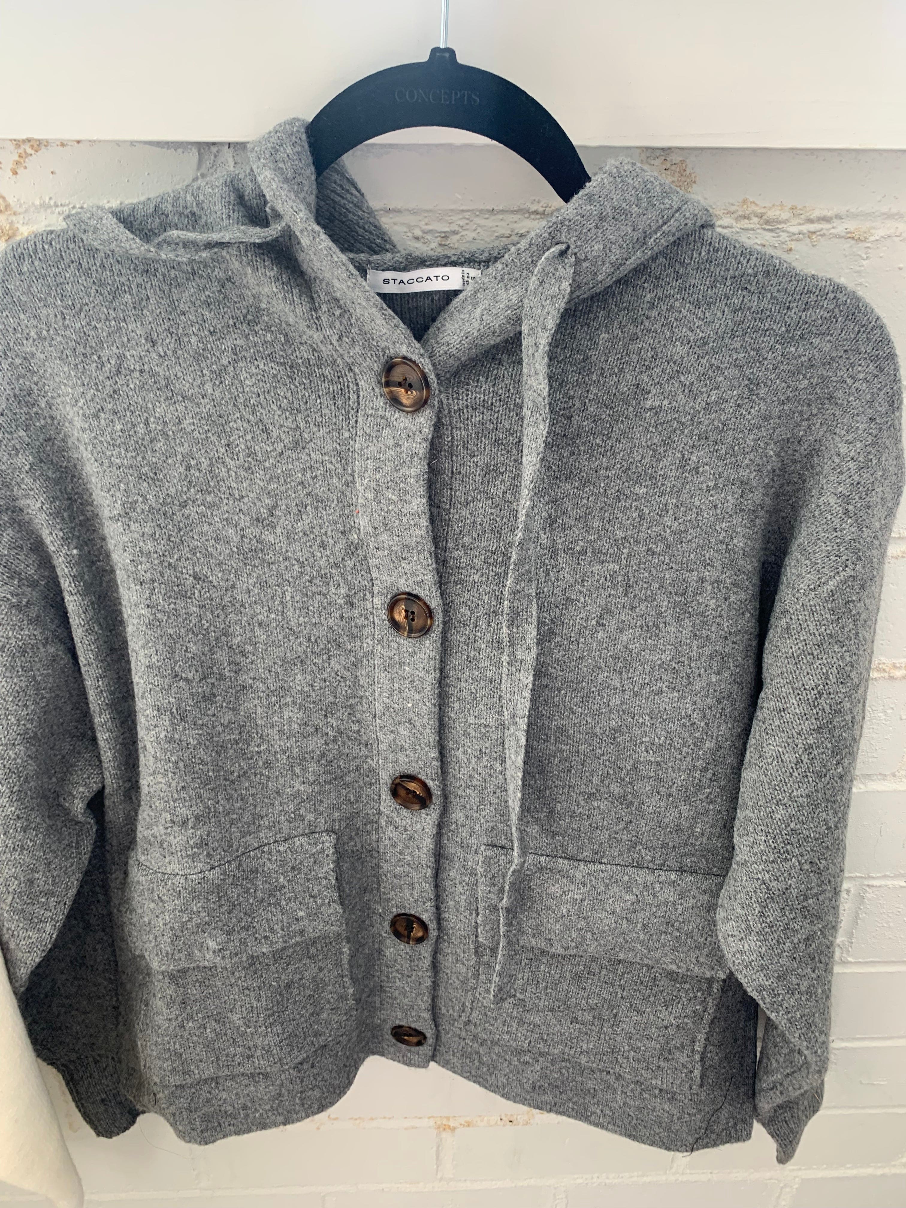 Grey Cozy Button Cardigan w/Hoodie