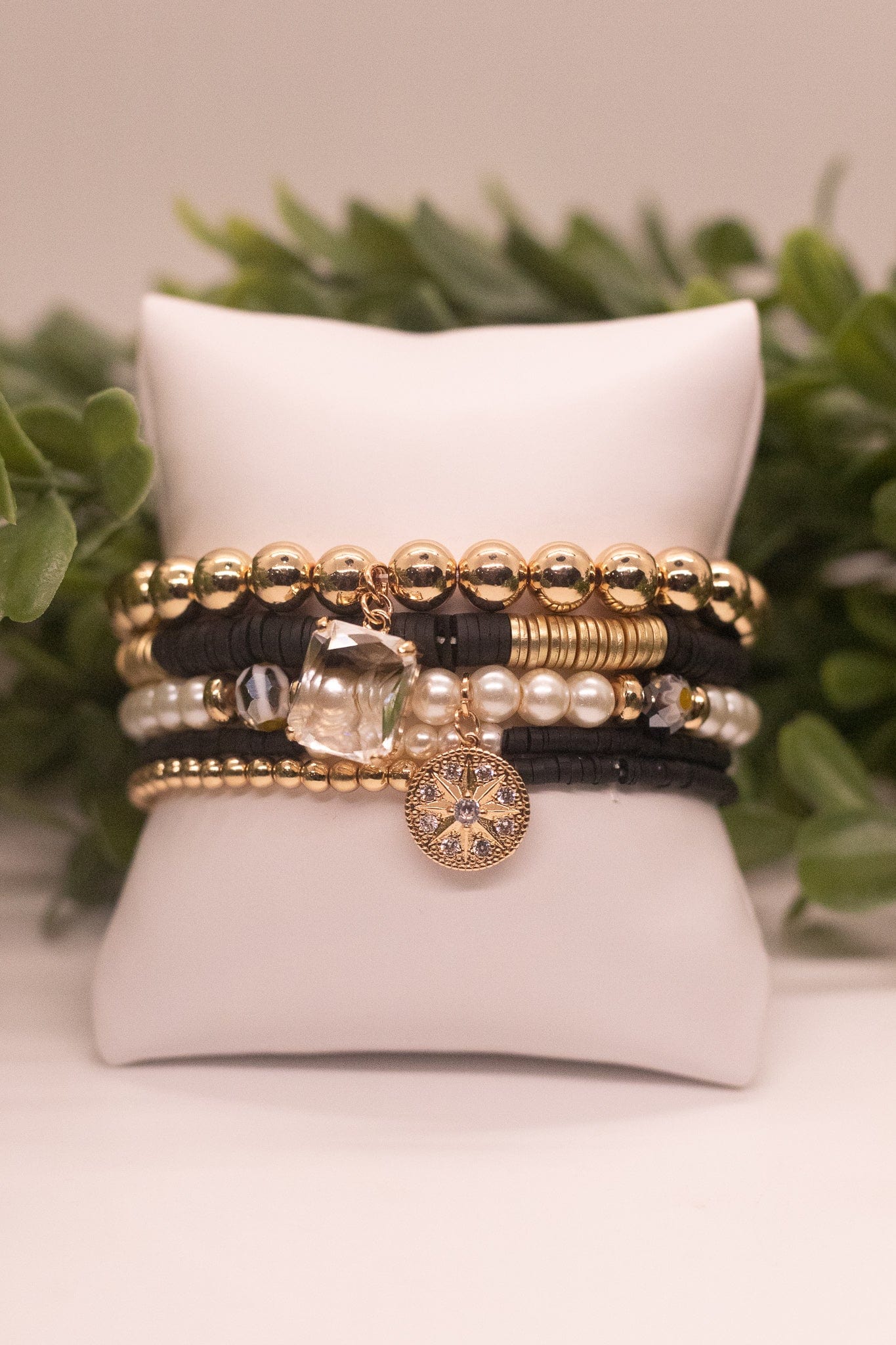 Black & Gold Pearl Charm 5pc Bracelet Set