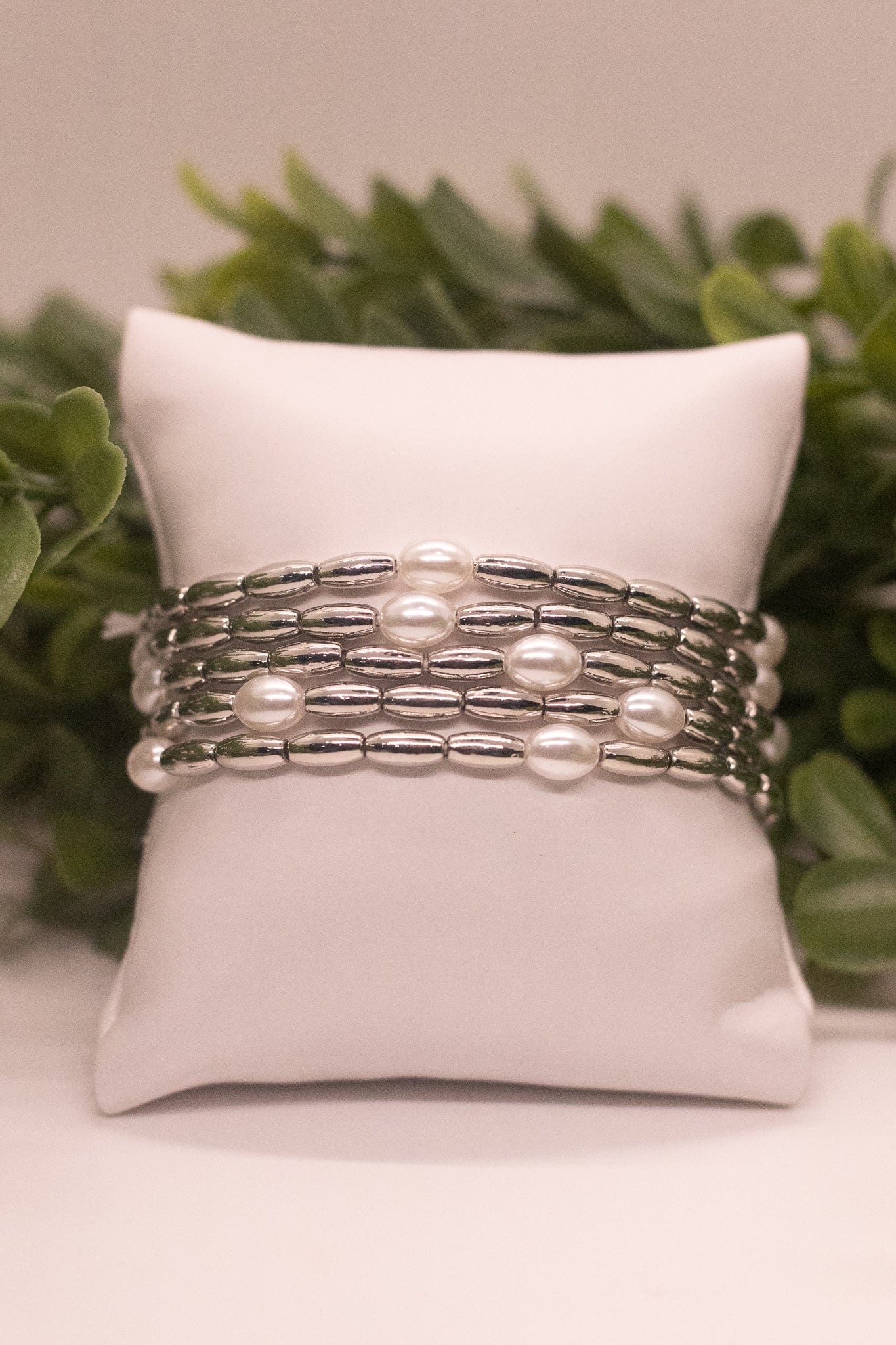 Silver & Pearl Beaded Bracelet 5pc Set