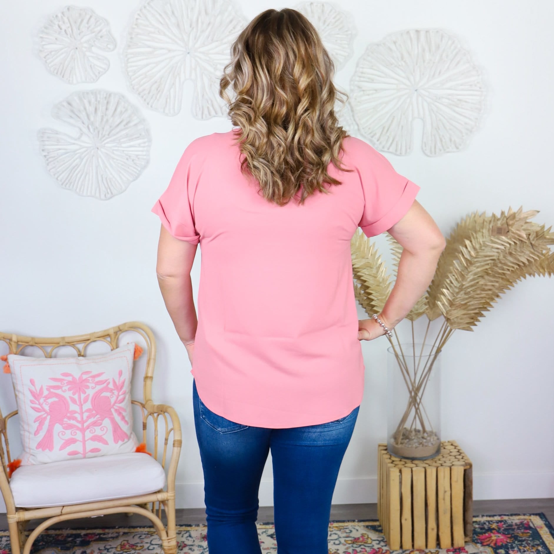 Woven Rolled Sleeve Boat Neck Top