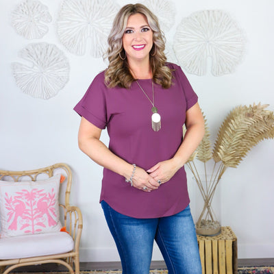 Woven Rolled Sleeve Boat Neck Top