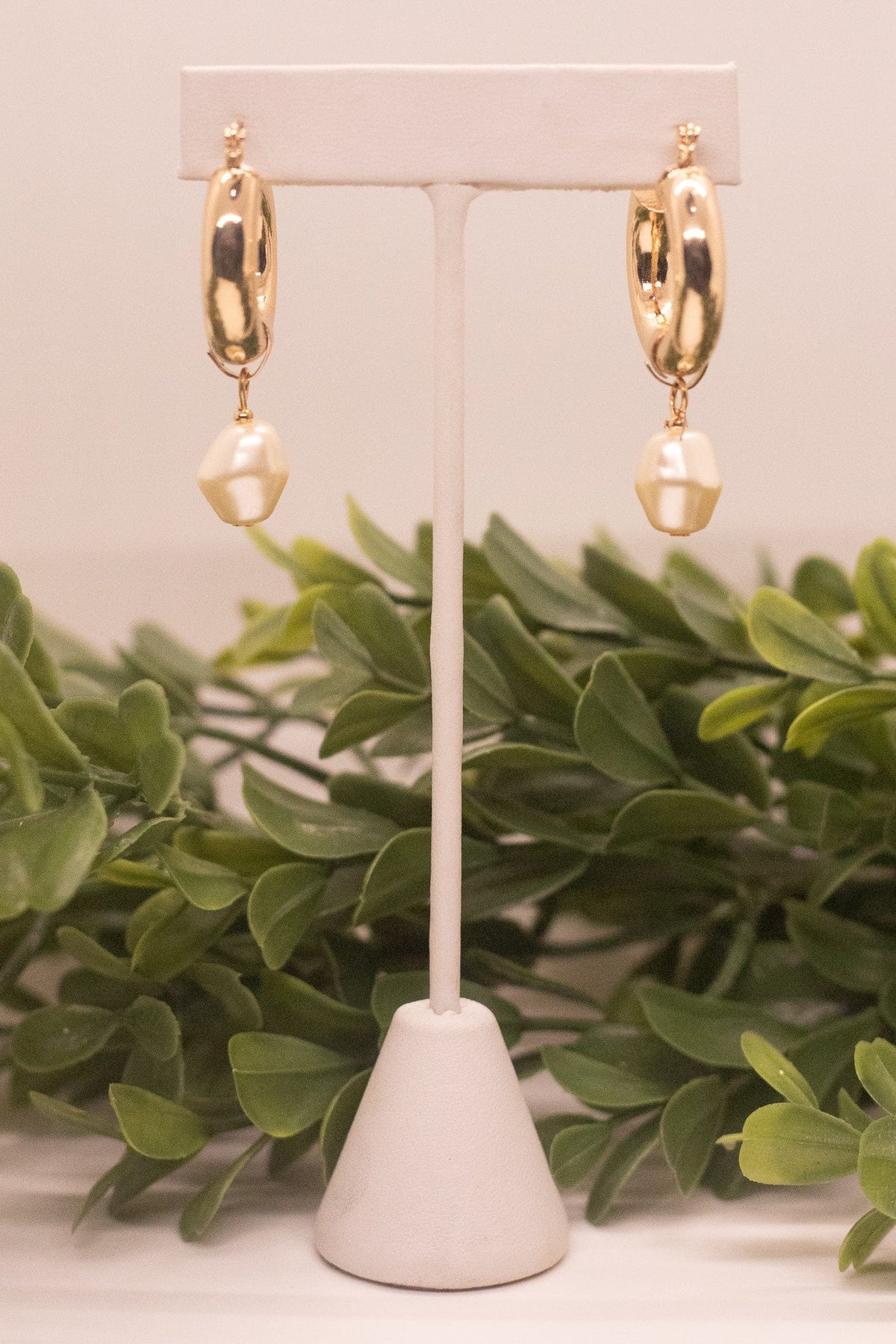 Gold Pearl Dangle Hoop Earring
