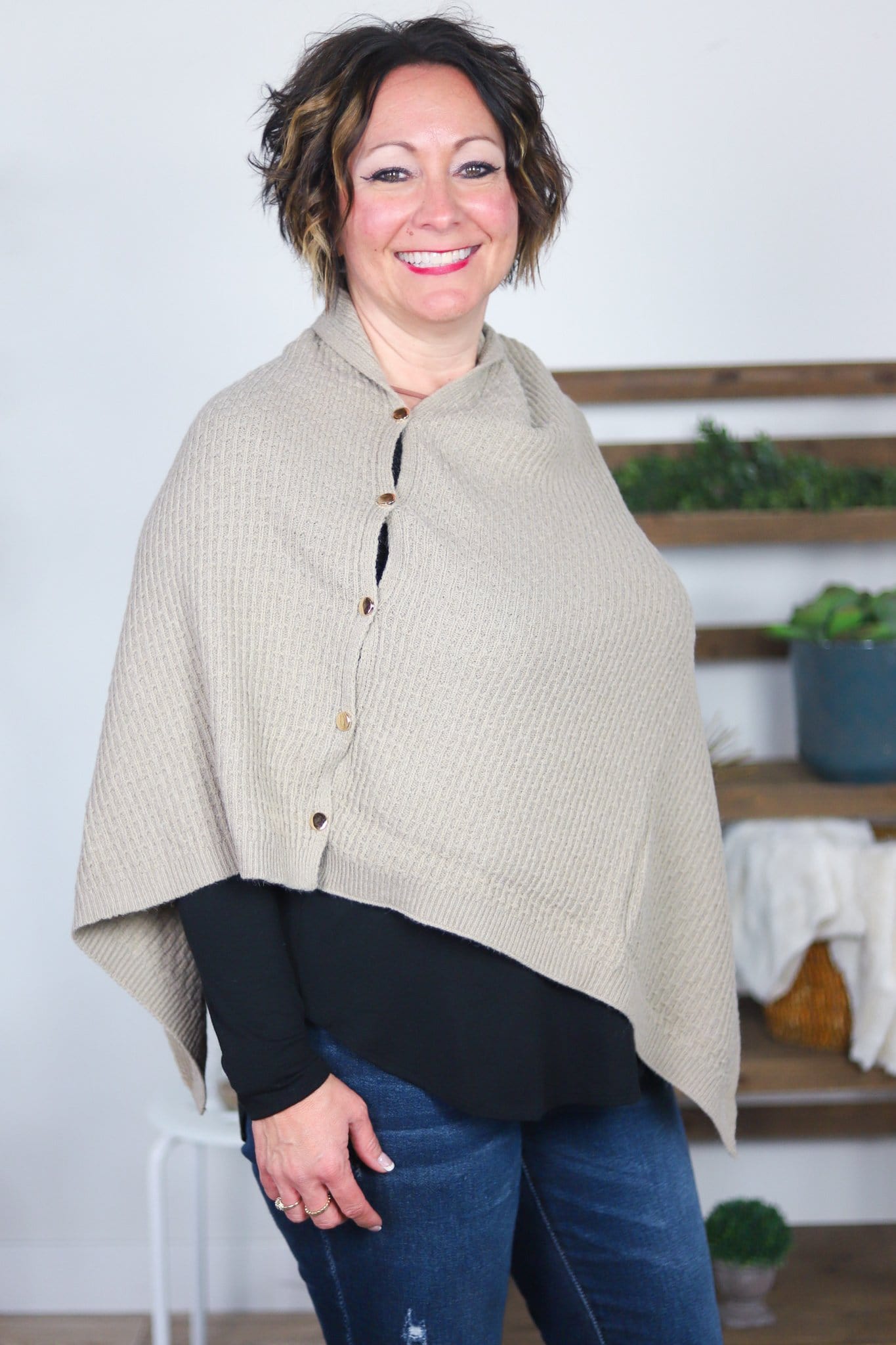 oatmeal buttoned up poncho with texture