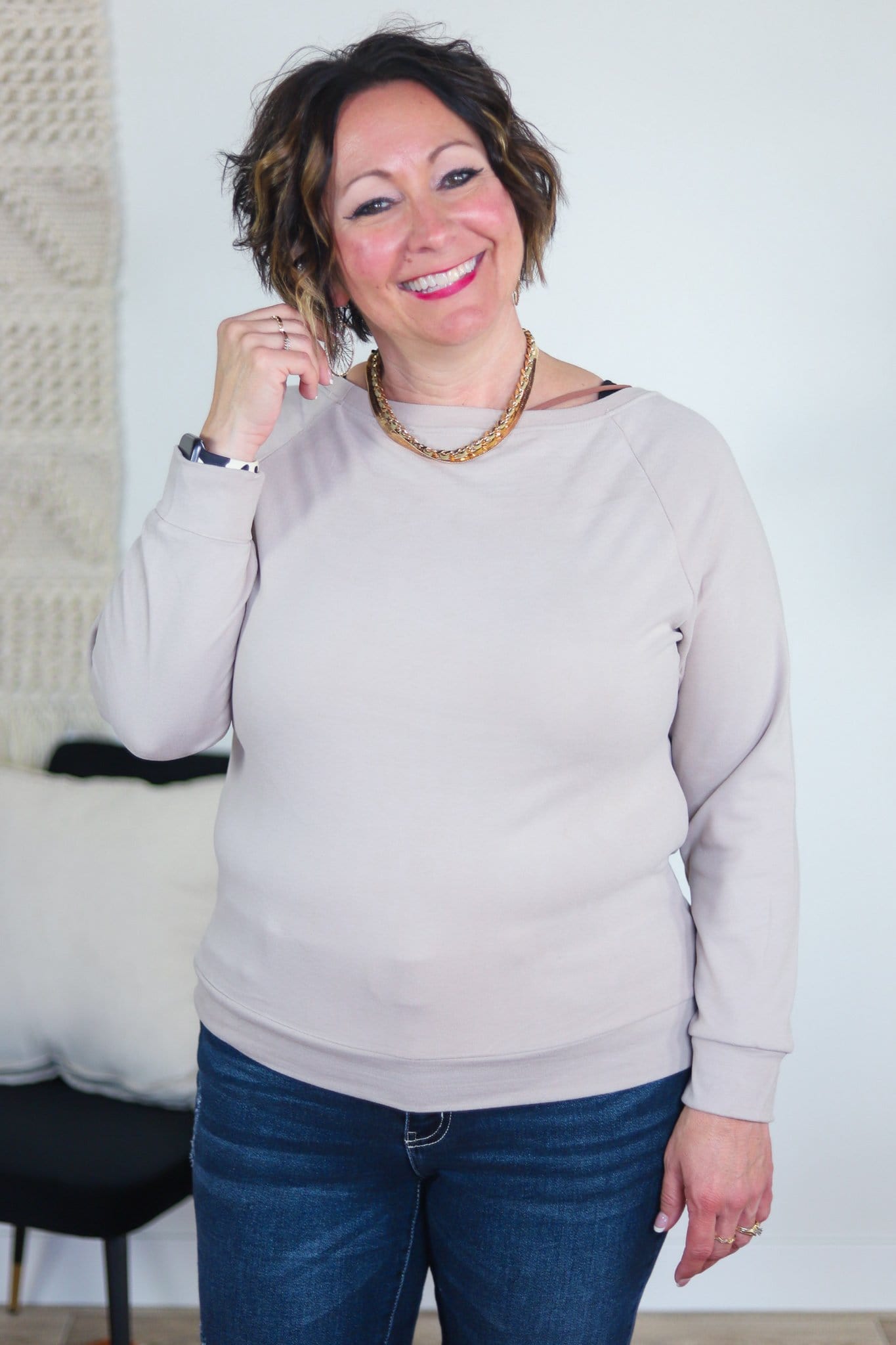 Beige Solid Brushed Off Shoulder Sweater