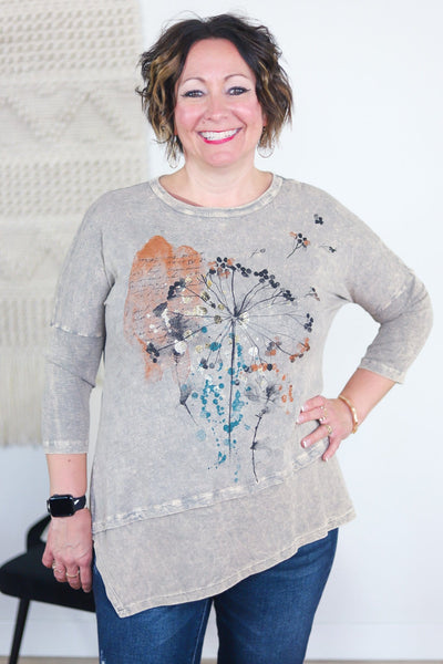 flower and script print grey shirt 