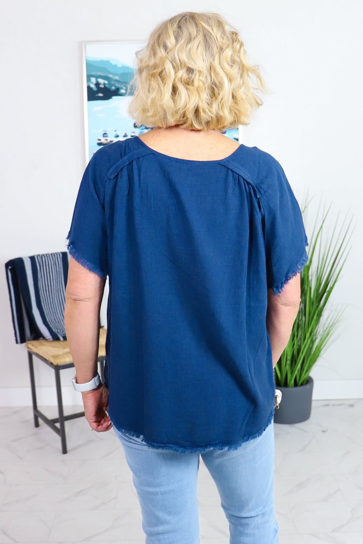 navy linen raw edge short sleeve top 