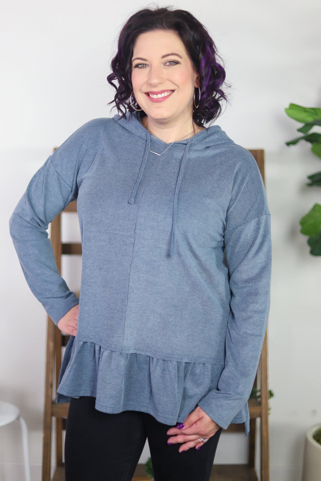 Ribbed Ruffle Hem Hooded Top