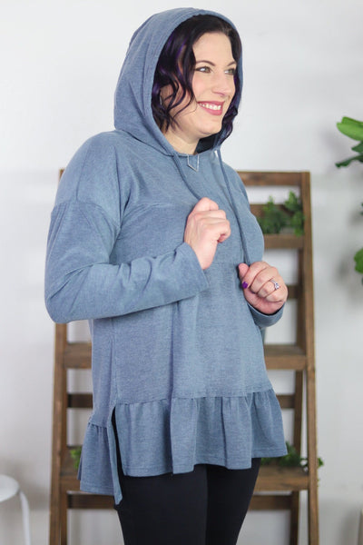 Ribbed Ruffle Hem Hooded Top