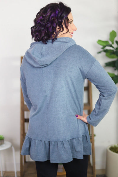 Ribbed Ruffle Hem Hooded Top