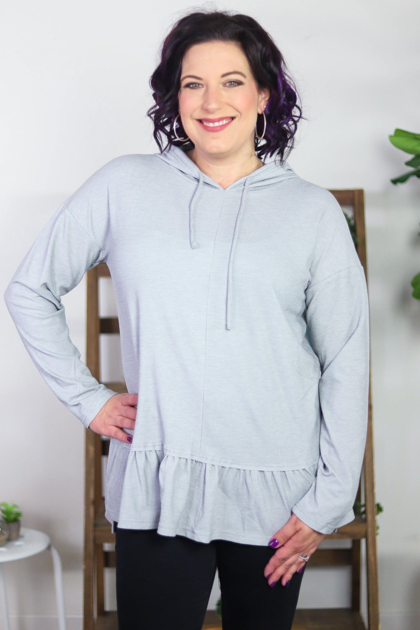 Ribbed Ruffle Hem Hooded Top