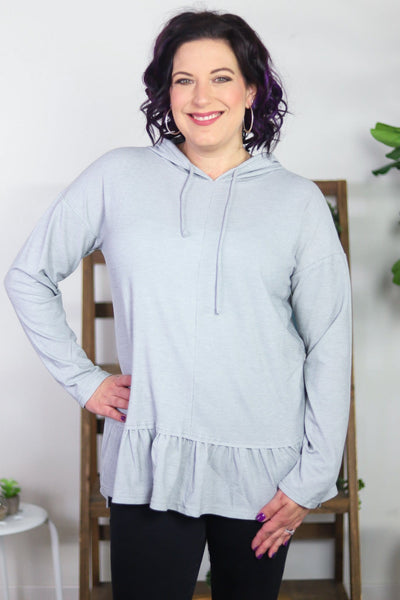 Ribbed Ruffle Hem Hooded Top