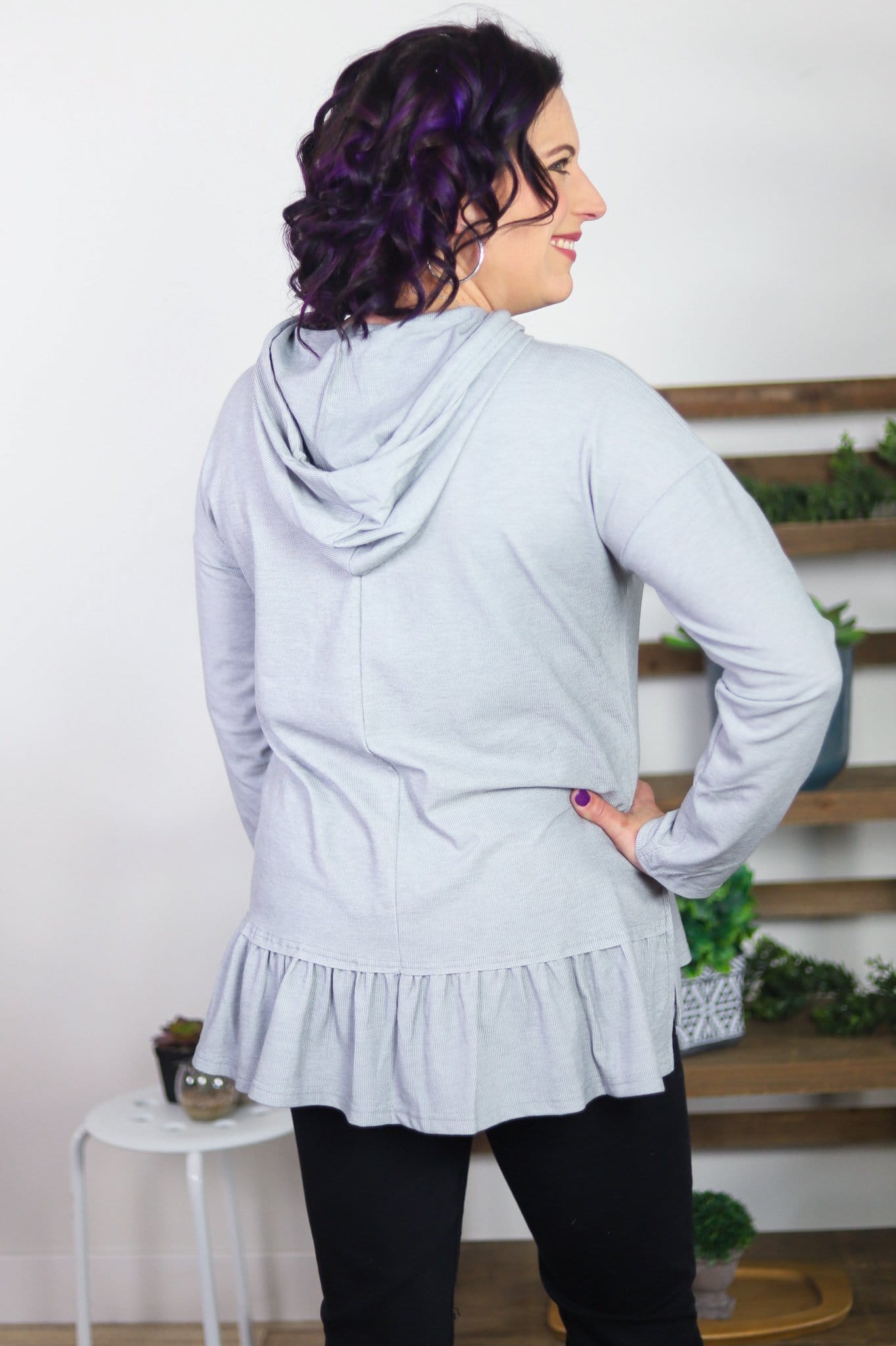 Ribbed Ruffle Hem Hooded Top