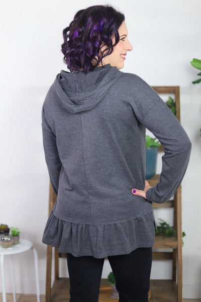 Ribbed Ruffle Hem Hooded Top