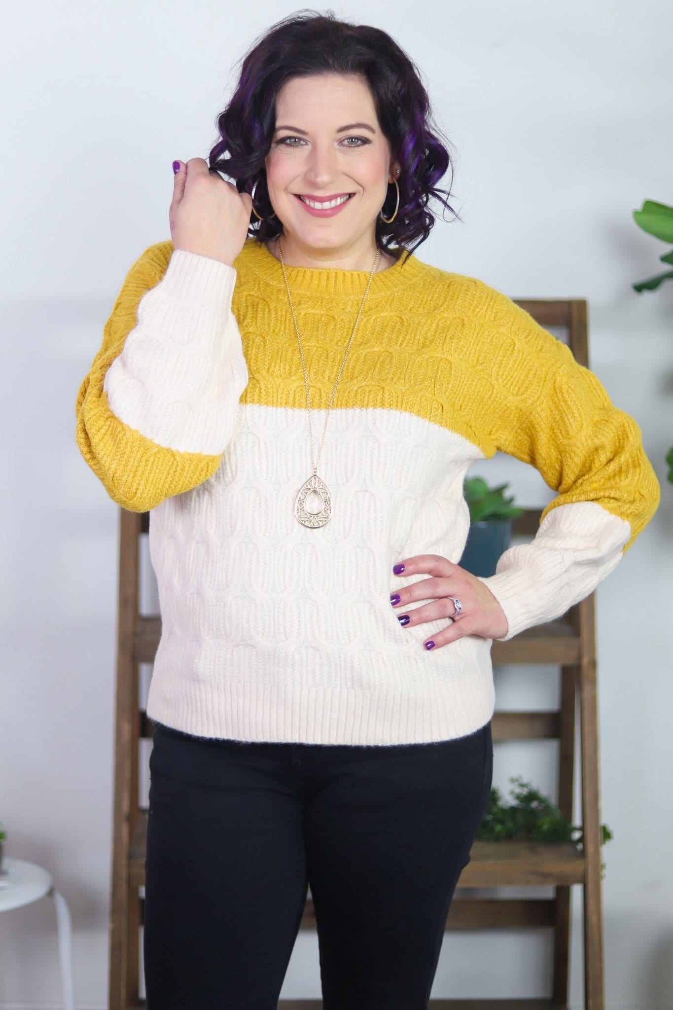 Mustard Colorblock Bubble Sleeve Sweater
