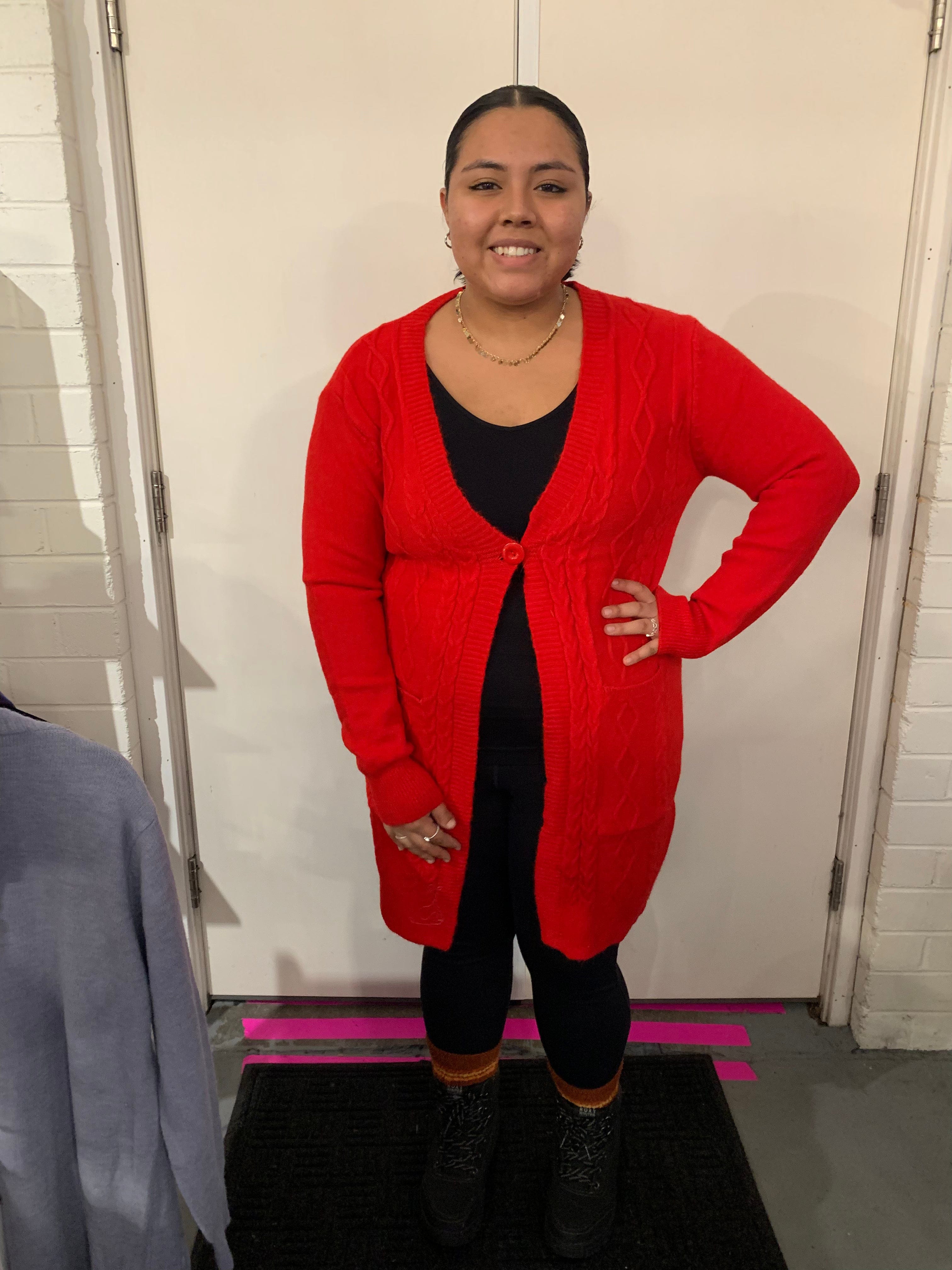 Red One Size Cable Cardigan