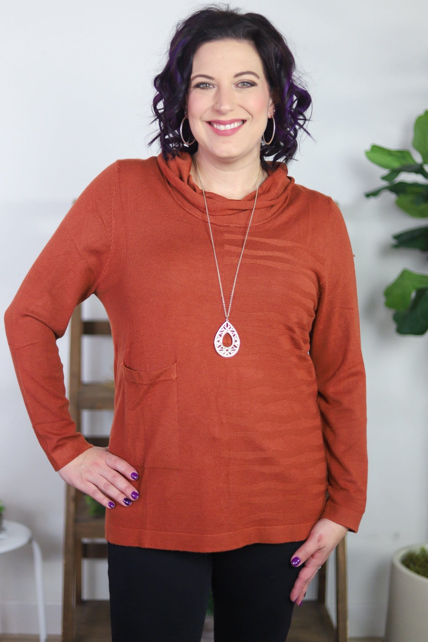Knit Cowl Neck Rib Detail Sweater