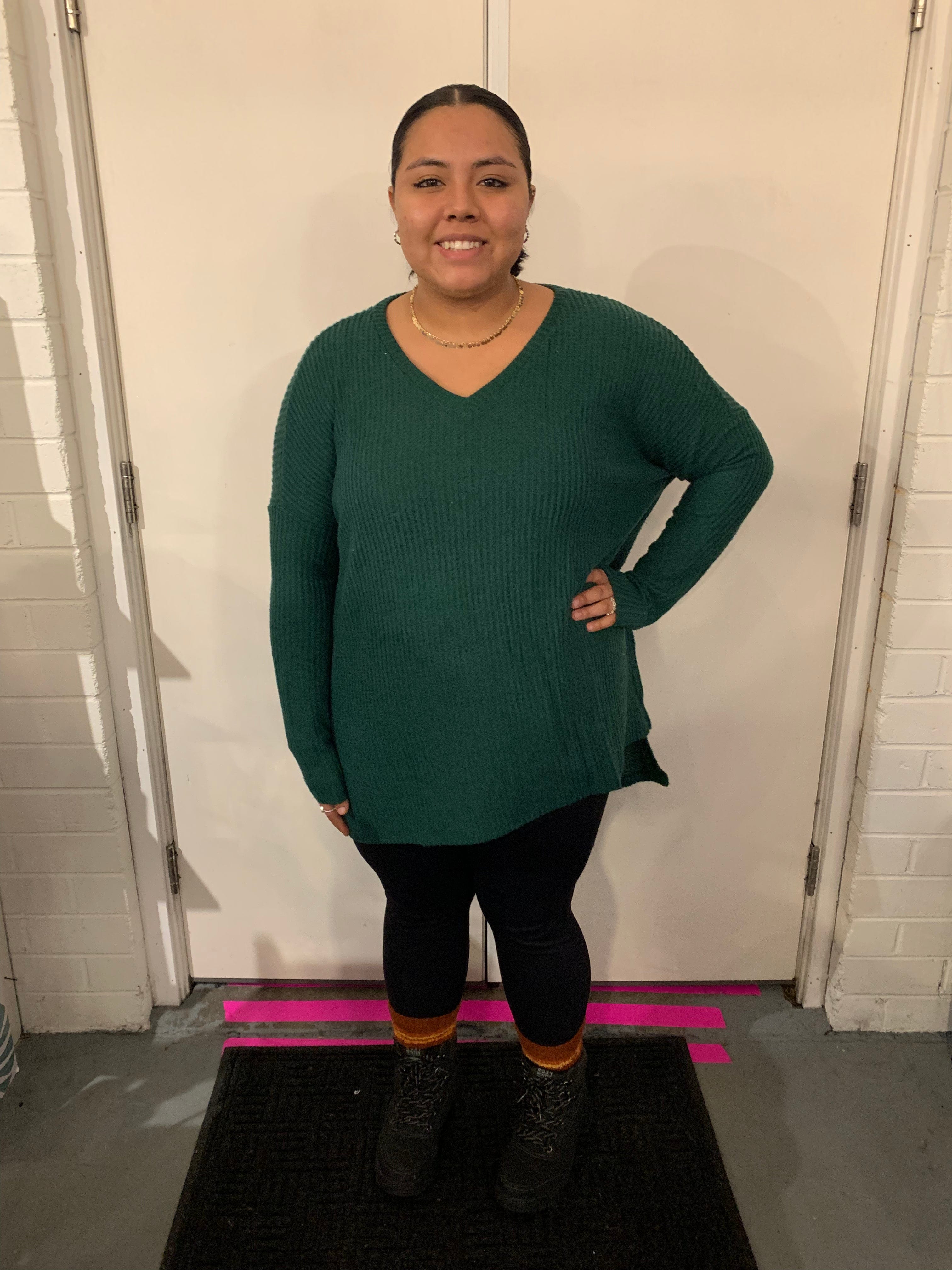 Dark Green VNeck Hi-Low Sweater