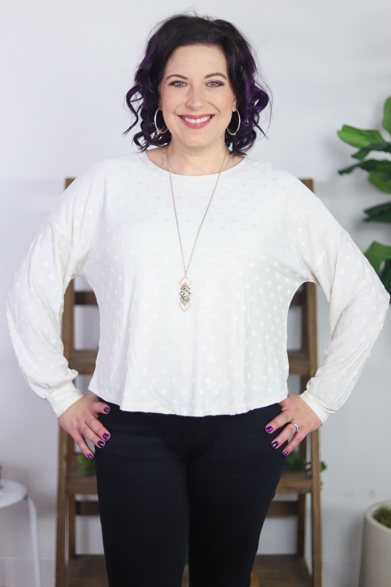 Cream Dotted Cozy Long Sleeve Top