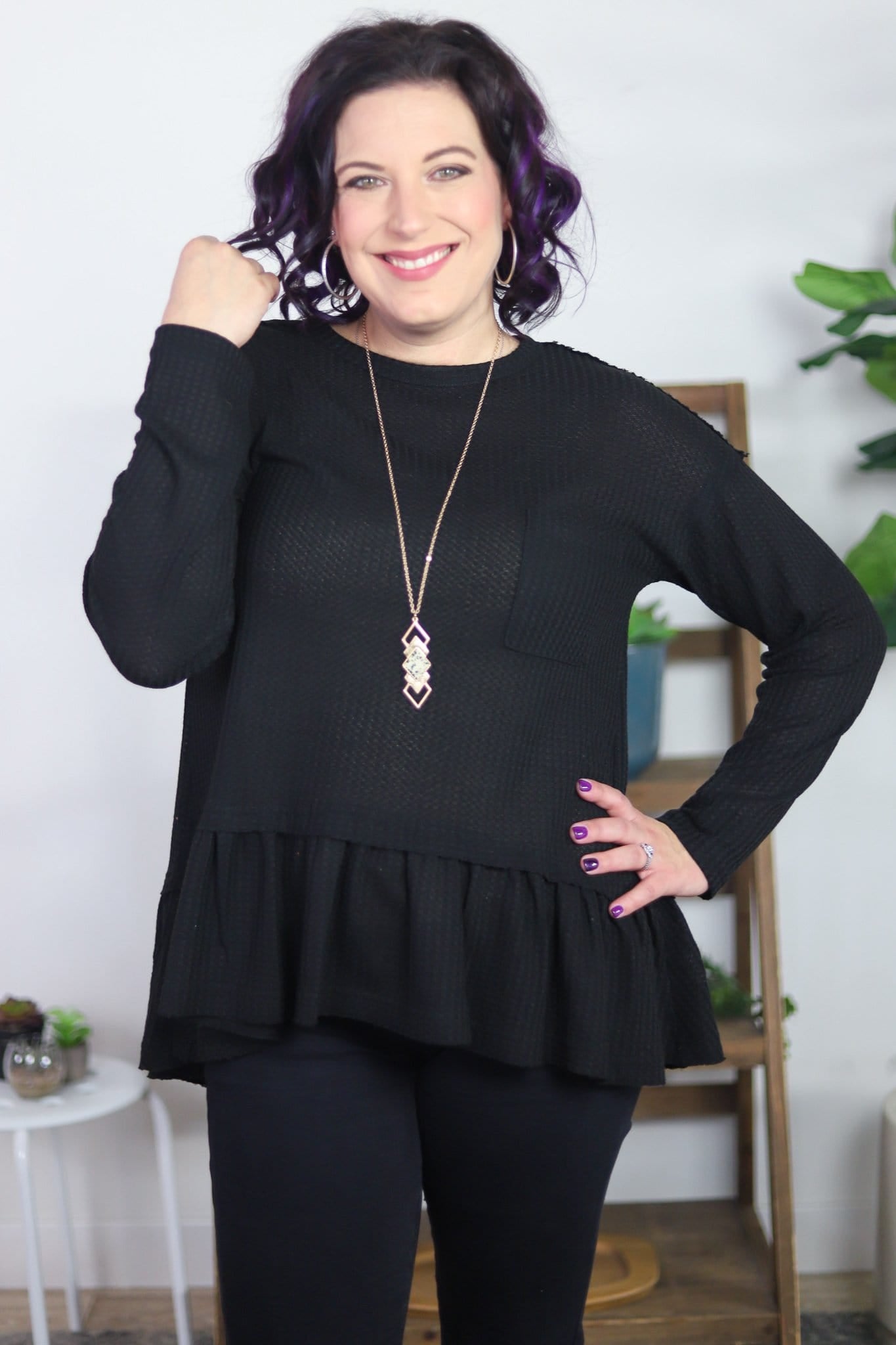 Waffle Knit Pocket Ruffle Hem Top