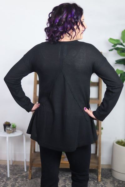 Waffle Knit Pocket Ruffle Hem Top