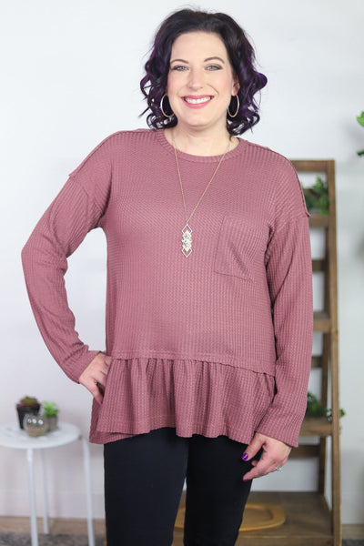 Waffle Knit Pocket Ruffle Hem Top
