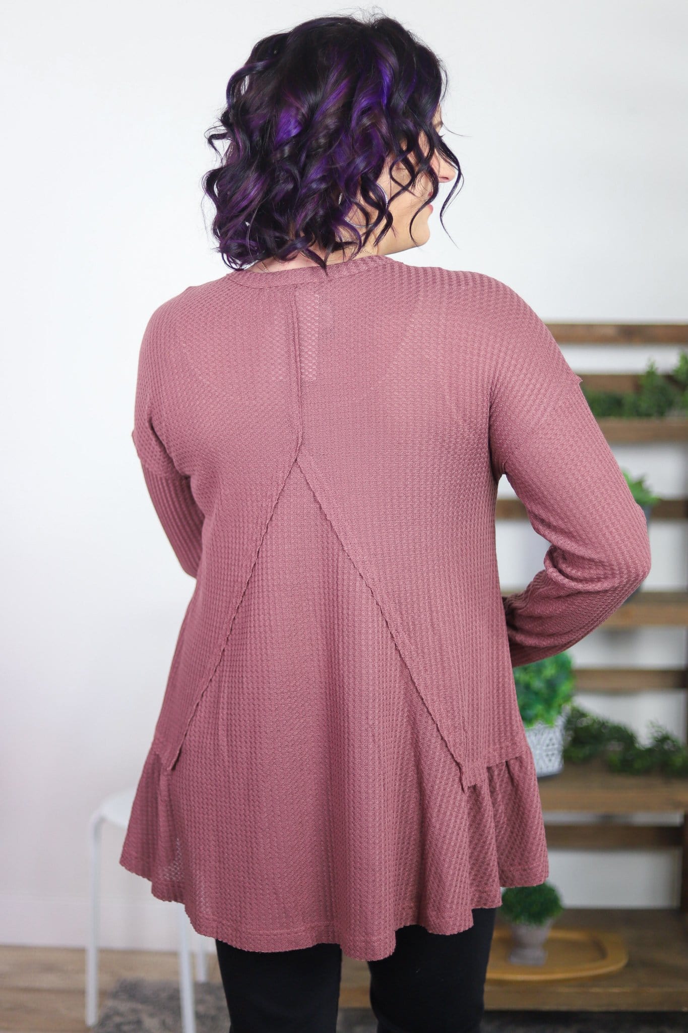 Waffle Knit Pocket Ruffle Hem Top