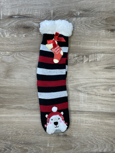 polar bar black white red white slipper sock