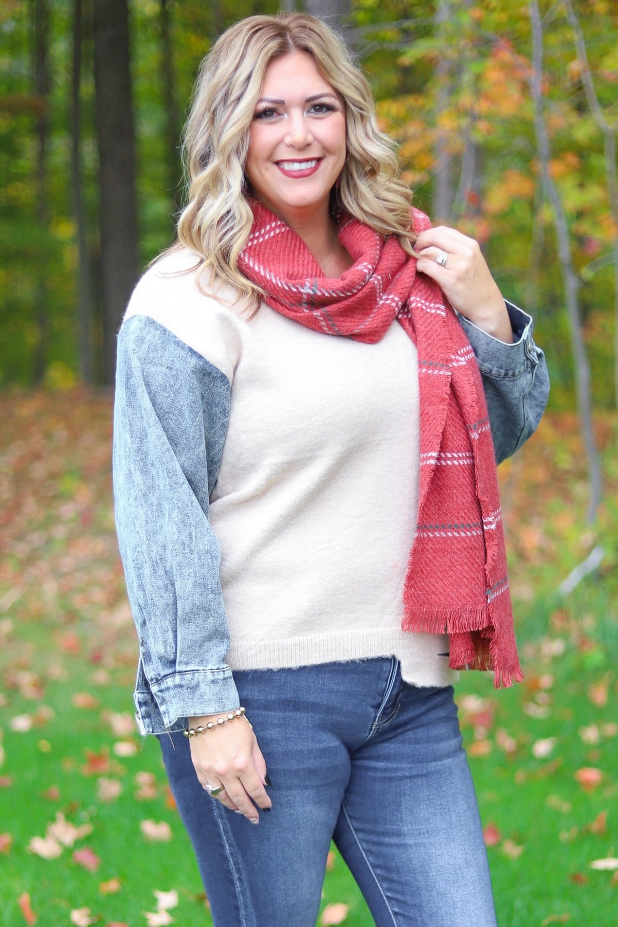 Sand Sweater with Denim Sleeve