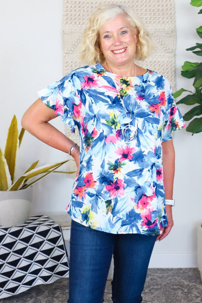 Blue Floral Flutter Sleeve Top