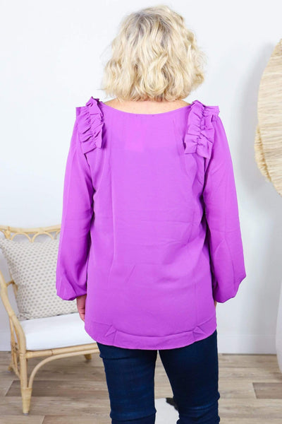 purple long sleeve ruffle top
