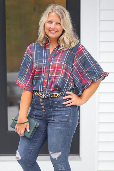 Navy Plaid Bell Sleeve Button Down Top