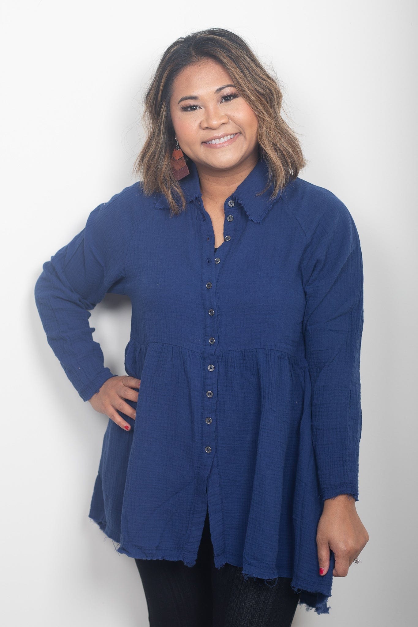 Navy Peplum Raw Edge Shirt