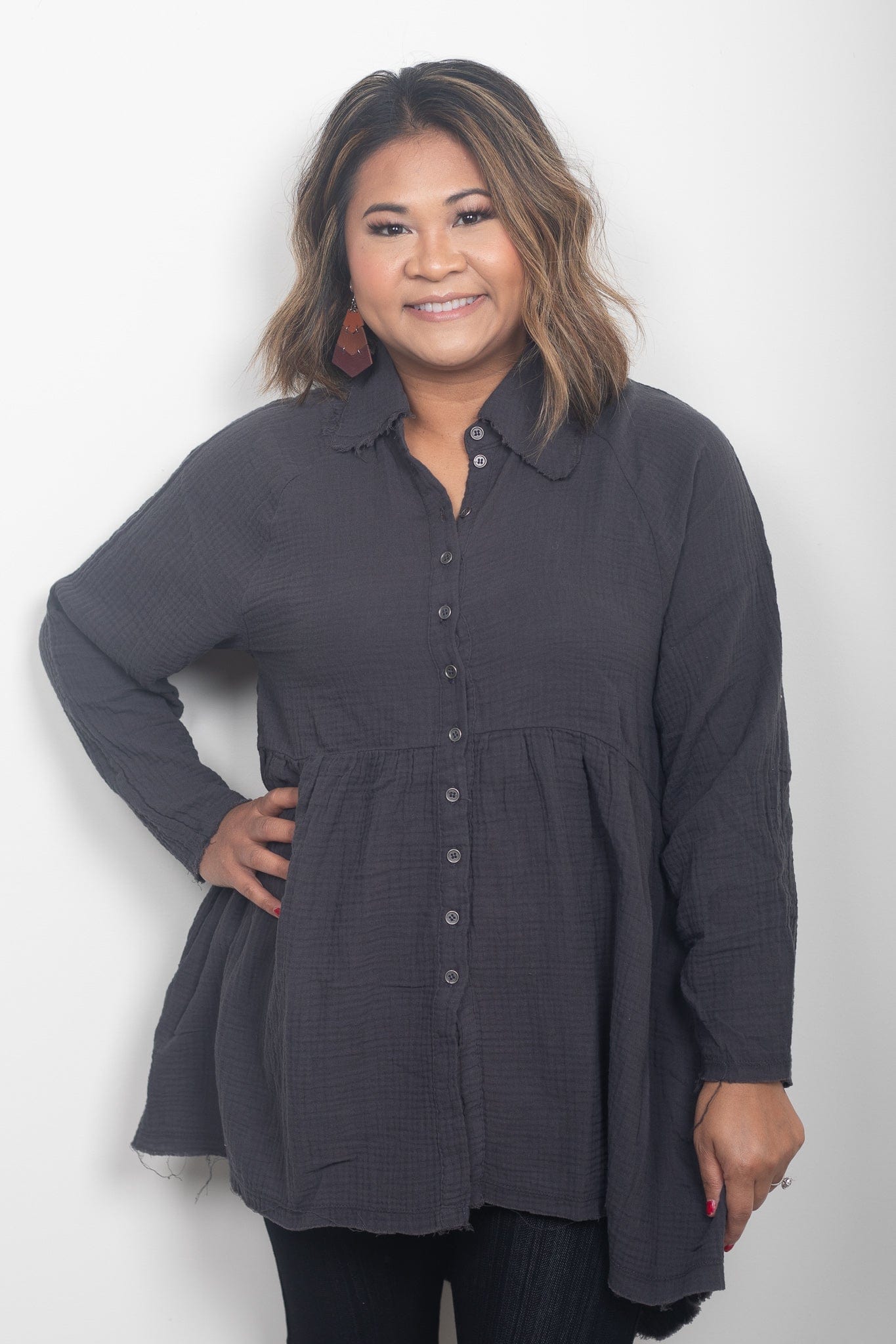 Ash Grey Peplum Raw Edge Shirt