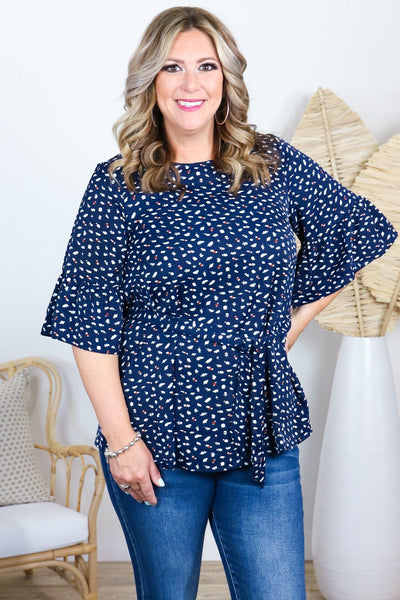 Navy Print Ruffle Short Sleeve Top