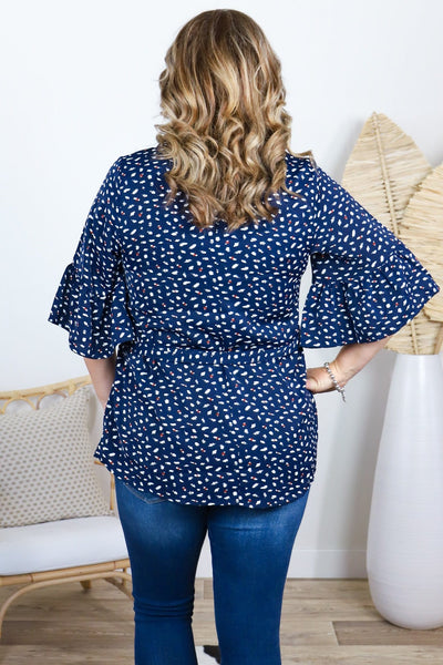 Navy Print Ruffle Short Sleeve Top