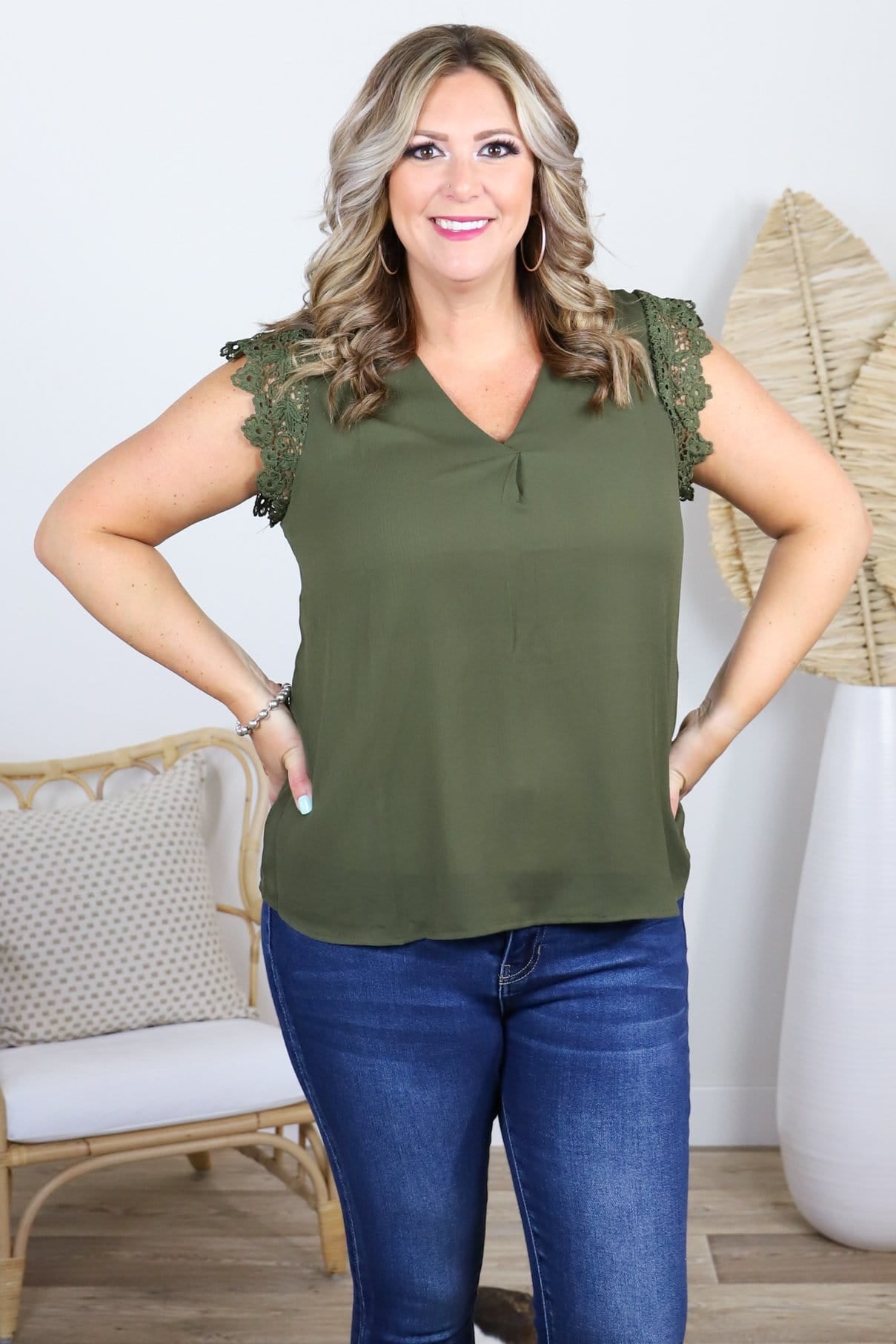 Olive Lace V-Neck Top