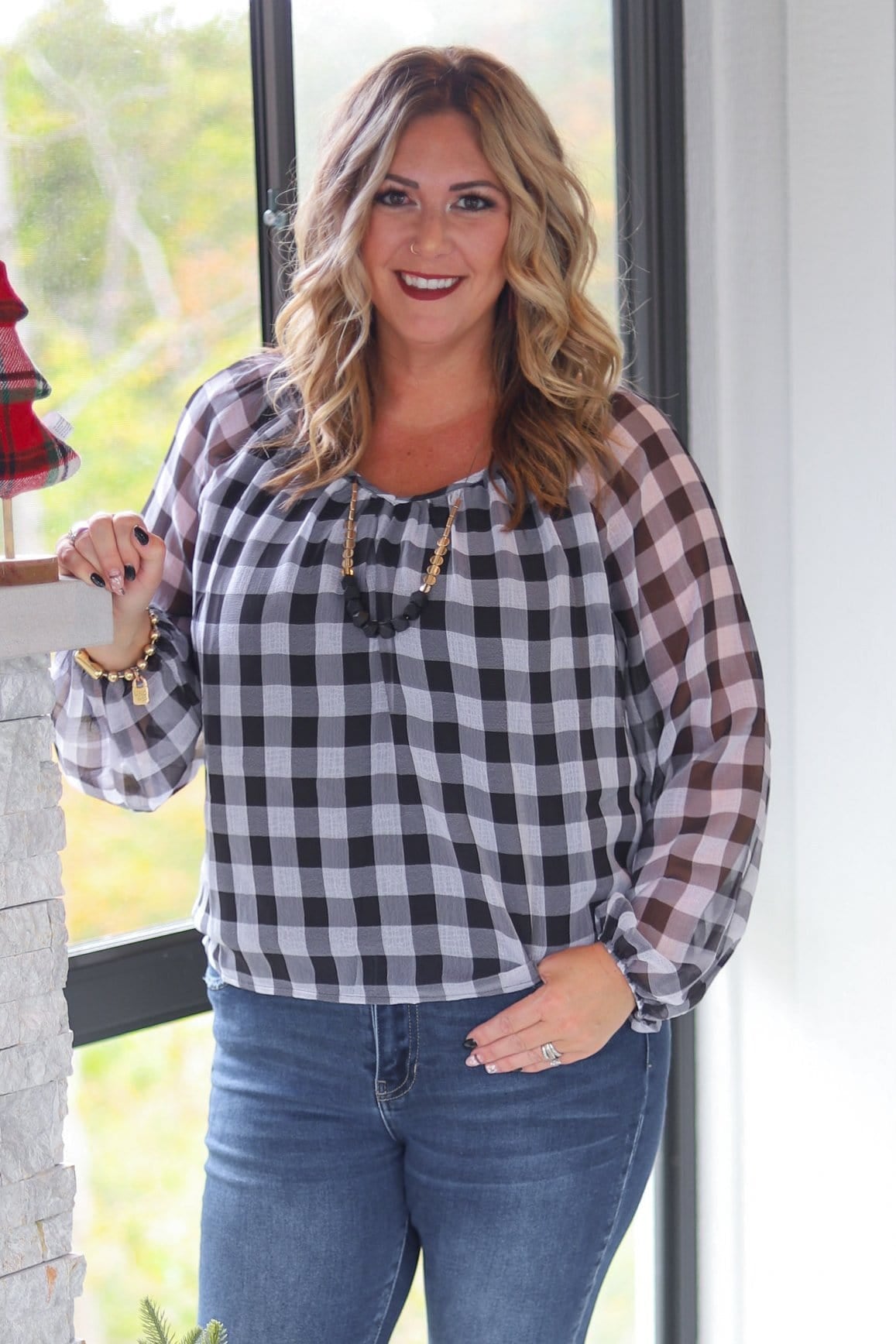 Black & Ivory Plaid Billow Sleeve Blouse