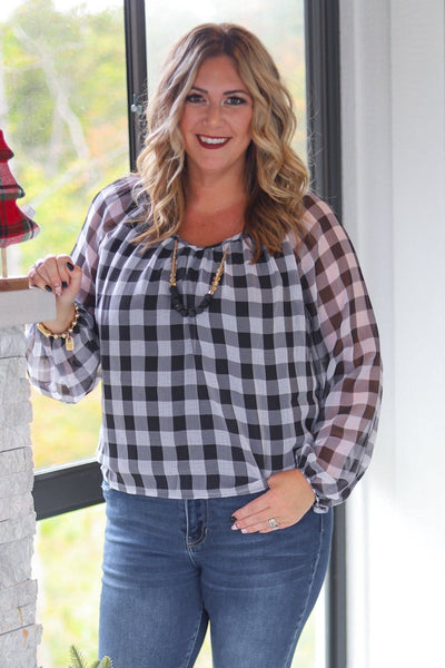 Black & Ivory Plaid Billow Sleeve Blouse