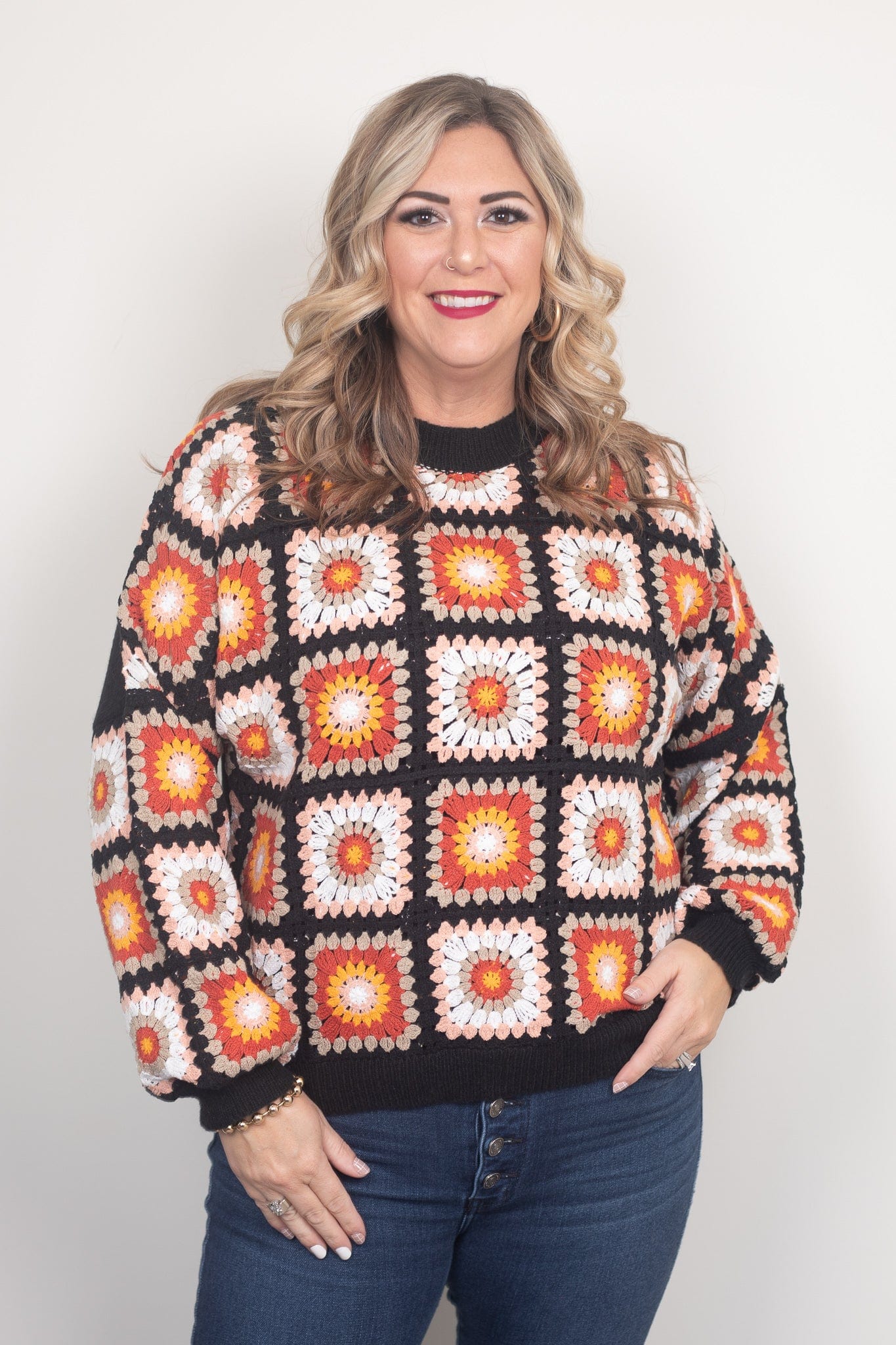 Black Floral Knitted Crochet Sweater