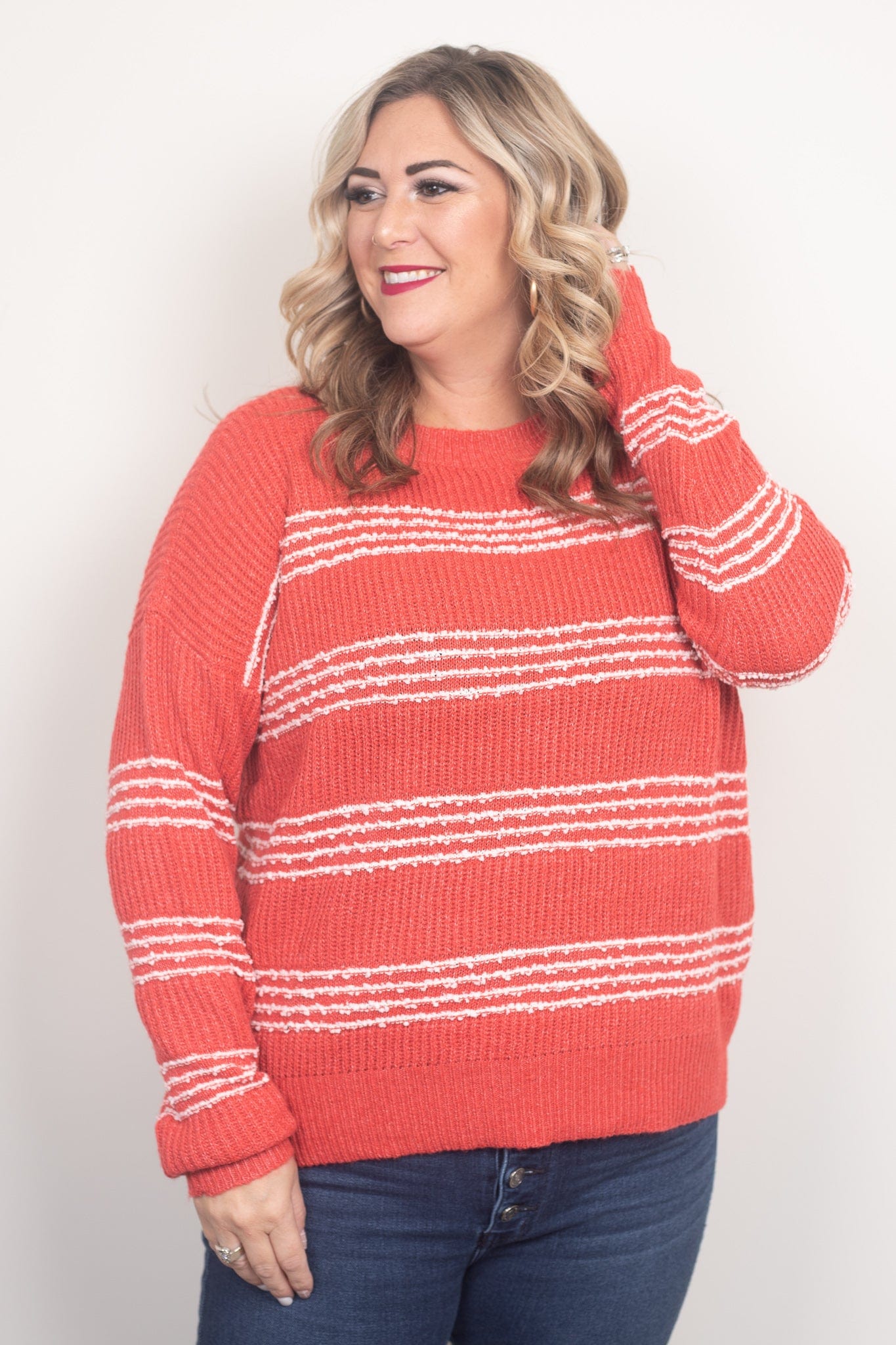 Red Texture Stripe Pullover Sweater