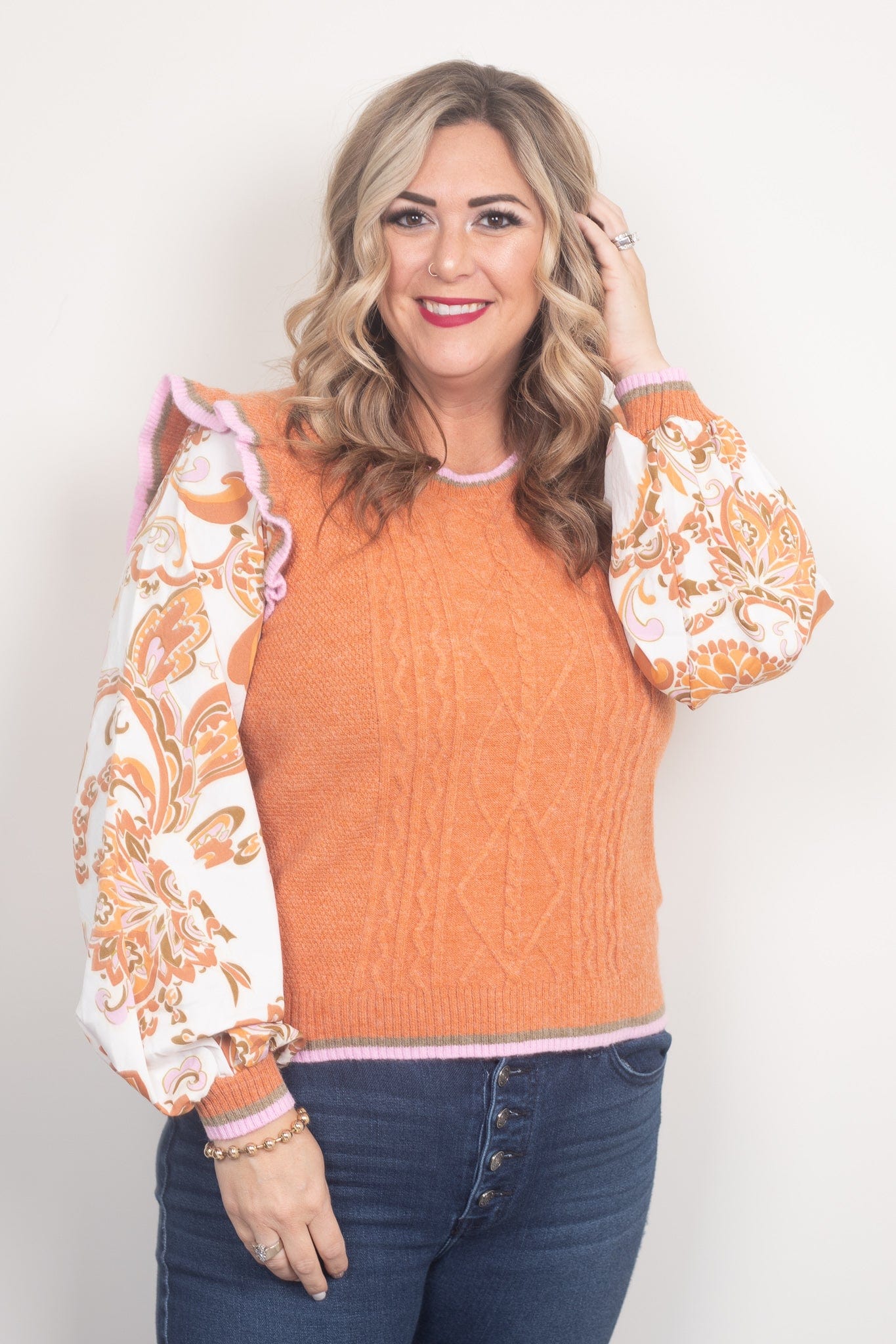 Rust & Pink Woven Ruffle Sleeve Sweater