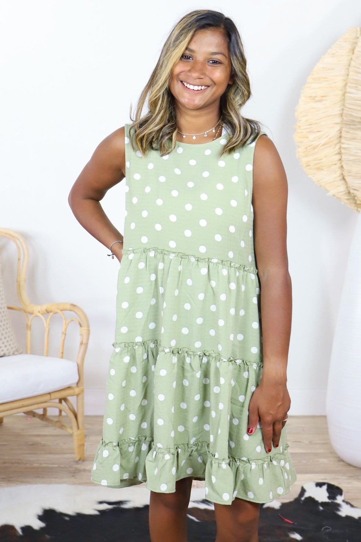 Crepe Ruffle Dot Dress