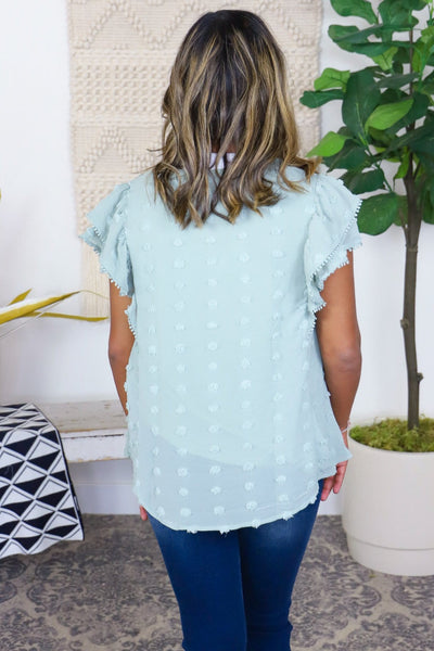 Dusty Mint Woven Keyhole Flutter Top