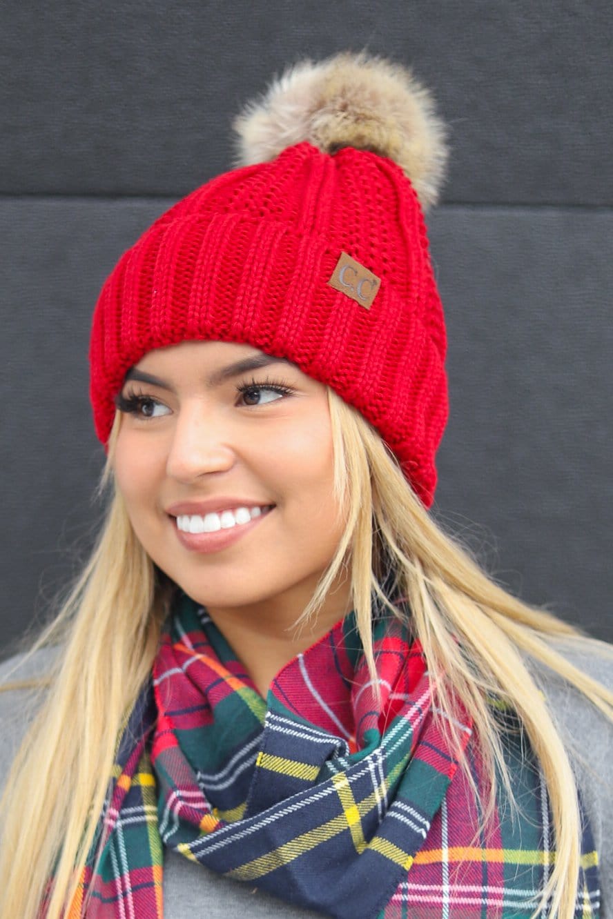 Red Fuzzy Lined Fur Pom CC Beanie