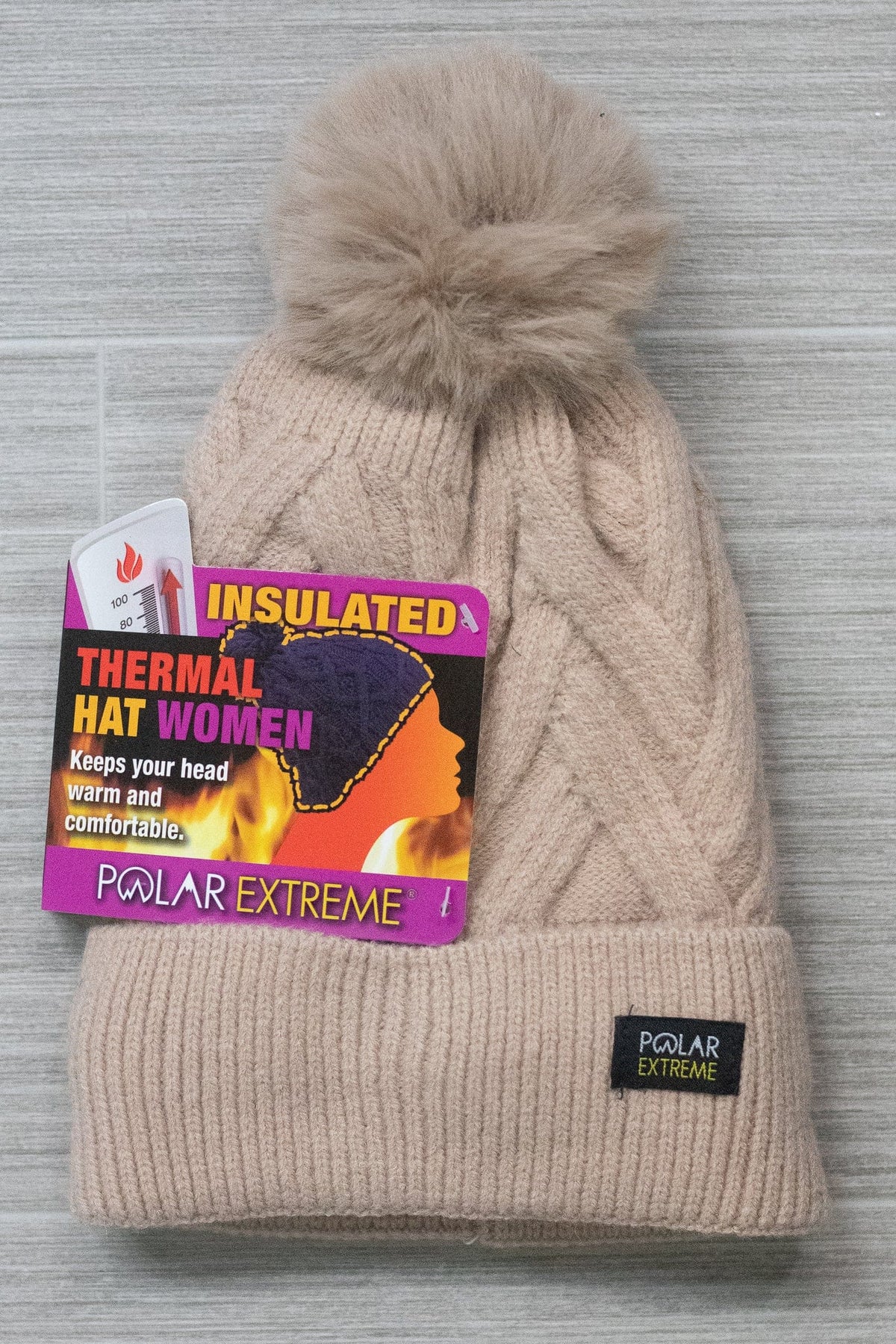 Polar Extreme Women's Brushed Zig Zag Pom Lined Hat - Beige